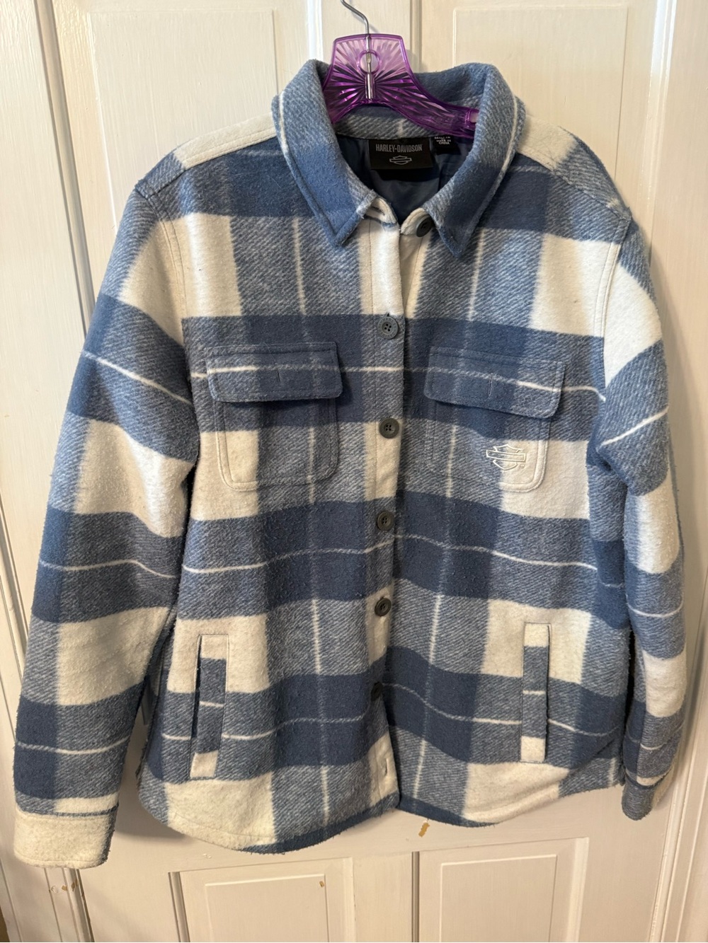 Harley-Davidson Women's Onwards Jacket in the "Dusty Blue" plaid colorway.